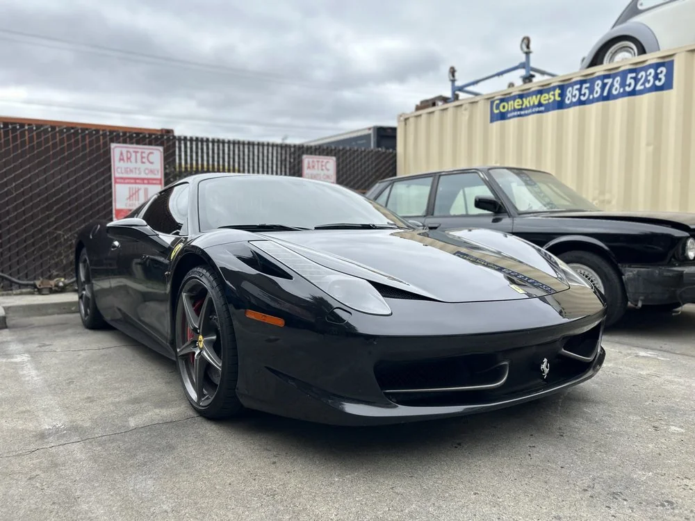 Black Ferrari 458 photographed outside the Artec Automotive shop in Belmont, California