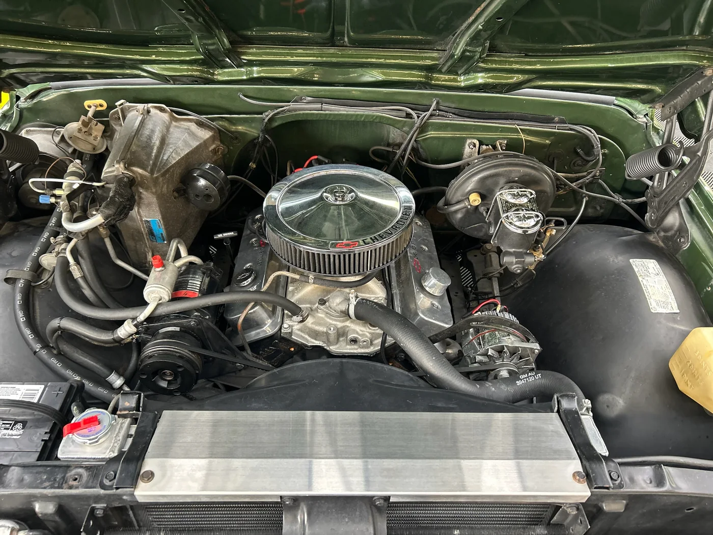 V8 engine bay of a classic Chevrolet pickup during a full restoration